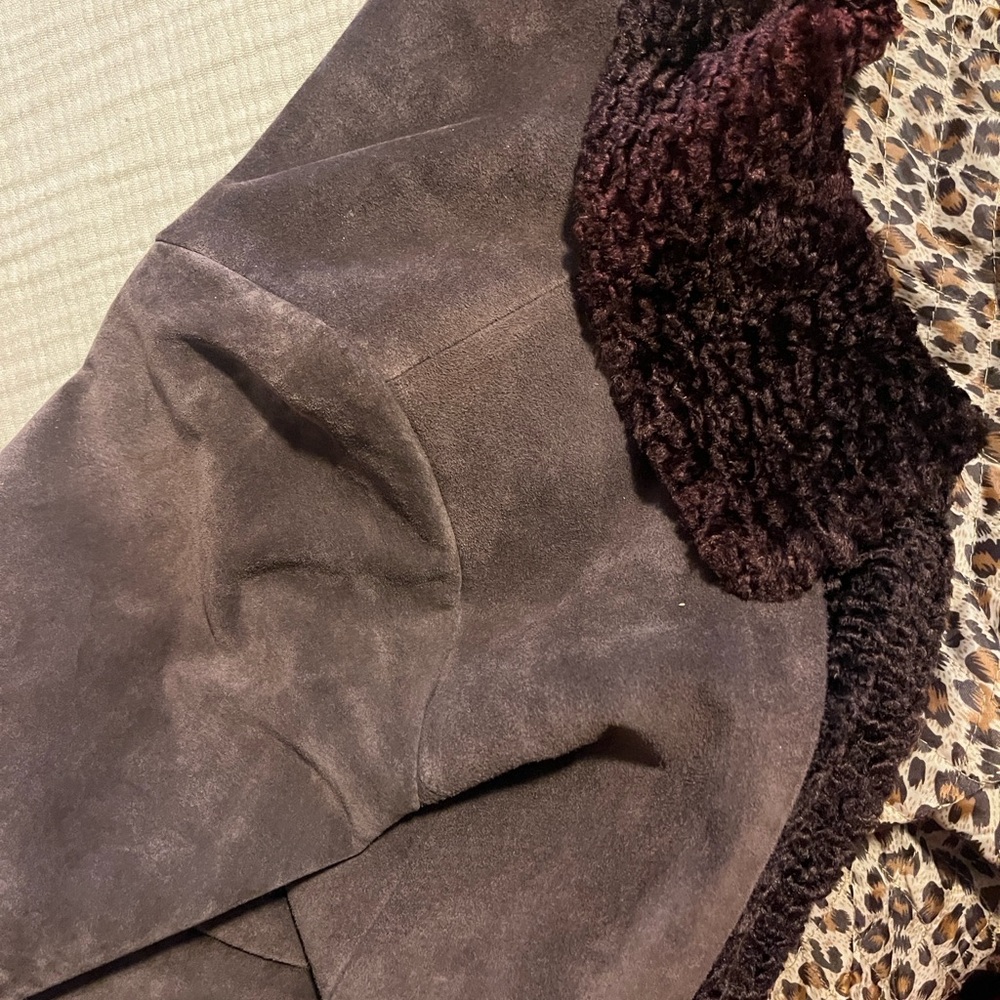 Margaret Godfrey Brown Suede Long Coat faux fur collar/trim gorgeous sz petite 6 - Picture 5 of 8